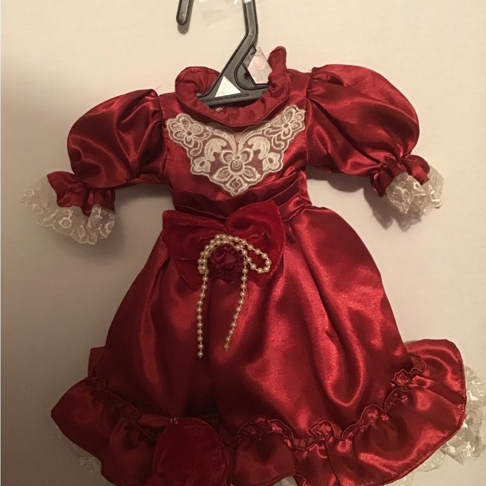 Victorian Style doll dress red satin lace trim vintage looking dress, idk age